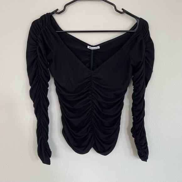 Reformation Leonora Black V-Neck Ruched Cinched Sleeve Top (S) - Picture 1 of 7